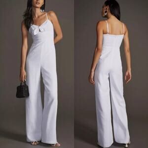 Hutch Savannah White Seersucker Bow Front Wide Leg Jumpsuit Size 2 XS Preowned